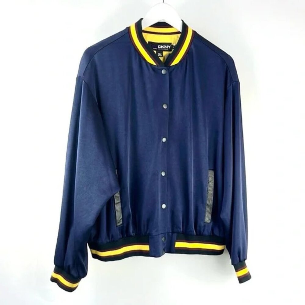 DKNY x Cara Delevingne Midnight Striped-Trim Varsity Jacket
